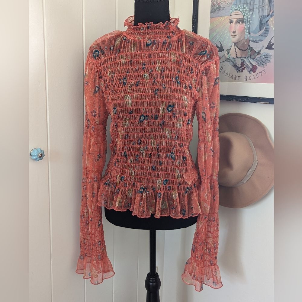 Free People Floral Shirred Mesh Bell Sleeve Fairycore Hippie Rock Top XL - Picture 4 of 14